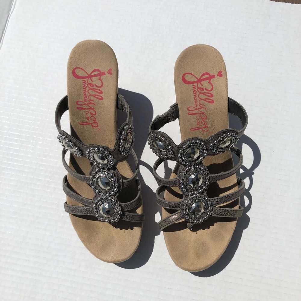 Jellypop Cork Wedge Sandals with Metallic Gray Straps
